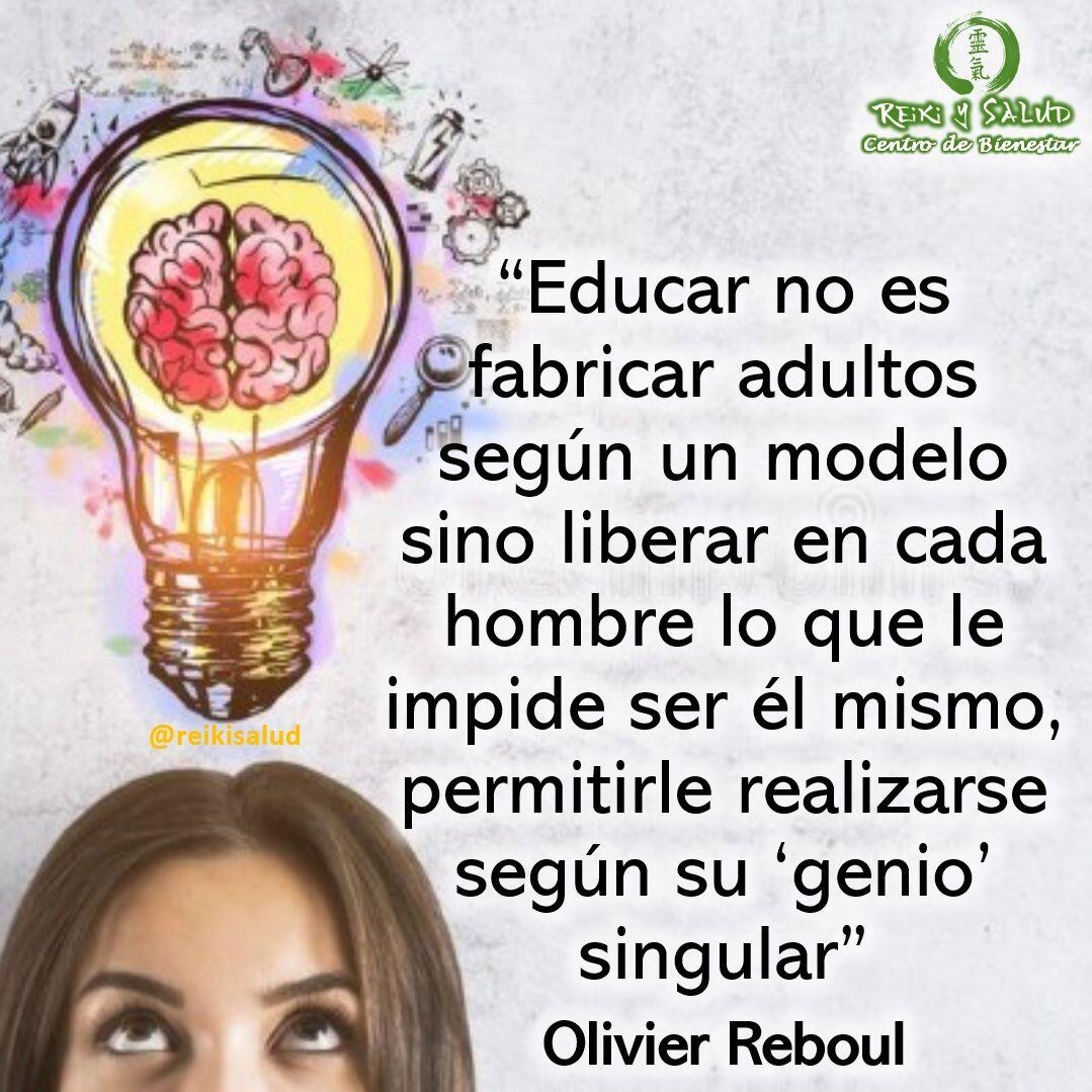 “Educar no es fabricar adultos según un modelo sino liberar en cada hombre lo que le impide ser él mismo, permitirle realizarse según su ‘genio’ singular”, Olivier ReboulEducar no es fabricar adultos según un modelo, sino liberar en cada uno de nosotros lo que nos impide ser nosotros mismos, permitiéndonos realizarnos según nuestro ‘genio’ singular”, Olivier Reboul.Que declaración tan poderosa, porque lamentablemente esto es lo que busca la sociedad y religión, crear un modelo de comportamiento, que muchas veces, sino siempre limita la creatividad, la paz y el bienestar.¿𝗤𝘂𝗲 𝘁𝗲 𝗵𝗮𝗰𝗲 𝗳𝗮𝗹𝘁𝗮 𝗽𝗮𝗿𝗮 𝗰𝗼𝗻𝗲𝗰𝘁𝗮𝗿𝘁𝗲 𝗰𝗼𝗻 𝘁𝘂 𝗴𝗲𝗻𝗶𝗼 𝗮𝘀𝗼𝗰𝗶𝗮𝗱𝗼 𝗮 𝗹𝗮 𝘀𝗮𝗹𝘂𝗱 𝘆 𝗯𝗶𝗲𝗻𝗲𝘀𝘁𝗮𝗿?¿Qué creencias limitantes, consideras que la sociedad y familia te han inyectado?𝗛𝗮 𝗹𝗹𝗲𝗴𝗼 𝗹𝗮 𝗵𝗼𝗿𝗮 𝗱𝗲 𝗱𝗲𝘀𝗶𝗻𝘁𝗼𝘅𝗶𝗰𝗮𝗿𝗻𝗼𝘀 𝘆 𝗱𝗲𝗷𝗮𝗿 𝗾𝘂𝗲 𝗻𝘂𝗲𝘀𝘁𝗿𝗼 𝗰𝘂𝗲𝗿𝗽𝗼 𝗵𝗮𝗴𝗮 𝗹𝗼 𝗾𝘂𝗲 𝘀𝗮𝗯𝗲 𝗵𝗮𝗰𝗲𝗿 𝗱𝗲 𝗳𝗼𝗿𝗺𝗮 𝗽𝗲𝗿𝗳𝗲𝗰𝘁𝗮, 𝗦𝗔𝗡𝗔𝗥.Feliz viaje de autodescubrimiento y despertar.Con toda la certeza que, si lo CREES, lo CREAS, compartimos desde Casa Reiki y Salud, un abrazo de luz, con la confianza de que Dios está con nosotros y somos uno con la conciencia universal.Casa Reiki y Salud, una caricia para el alma, ampliando el circulo de luz, promoviendo una vida de felicidad y bienestar.Gracias, gracias, gracias, Namaste, @dinopierini️ Comparte esta publicación con quien te vino a la mente cuando la leíste., Gracias, gracias gracias🌐 Página WEB: www.gReiki.com#despertar #reikimaracaibo #reikizulia #reikivenezuela #reikisalud #totalcoherencia #reikisalud #smile #bienestar #reiki